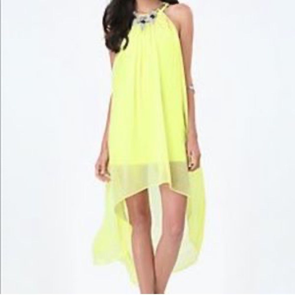 Bebe Dress Womens Sz 4‎ lime green High low gemstone neckline rhinestone Chiffon